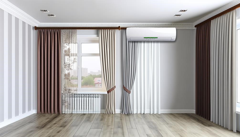 Energy-efficient room with a modern air conditioner installed above a large window covered by light-colored thermal curtains to enhance cooling efficiency and reduce electricity costs.